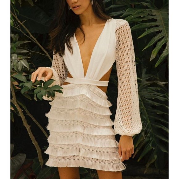 PatBO Cut-out Fringe Mini Dress White Women's Size 2 - Picture 3 of 16